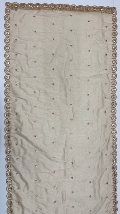 Off White Pure Chandnia Silk Handwork Motif Peacock Pattern Crystal Beads Multi Thread Dori &amp; Sequins Work Bridal Lehenga Choli