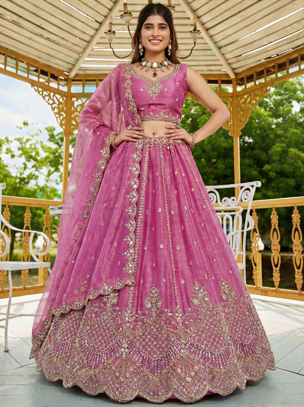 Pink Pure Soft Net Heavy Embroidery Work Bridal Lehenga