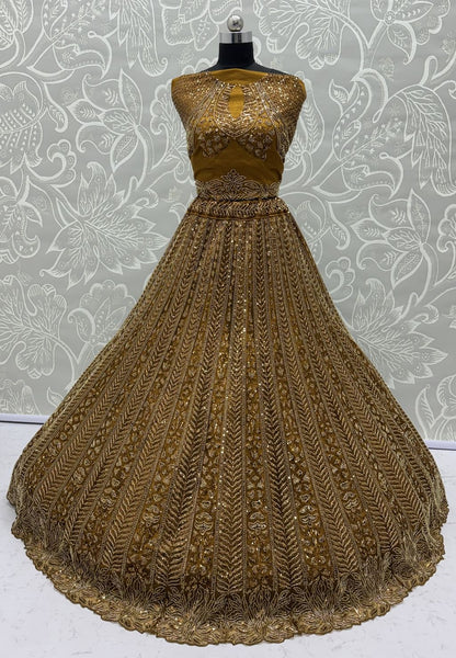 Golden Pure Soft Net Heavy Embroidery Work Bridal Lehenga 