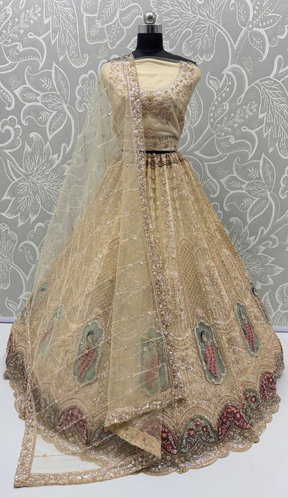 Beige Pure Heavy Net Motif Handwork Zari Sequins Work Bridal Lehenga Choli