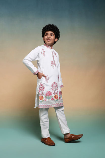 White Pure Viscose Silk Kids Boy Kurta Pajama 