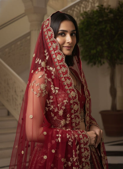 Red Pure Soft Gadhwal Silk Heavy Embroidery Work Bridal Lehenga