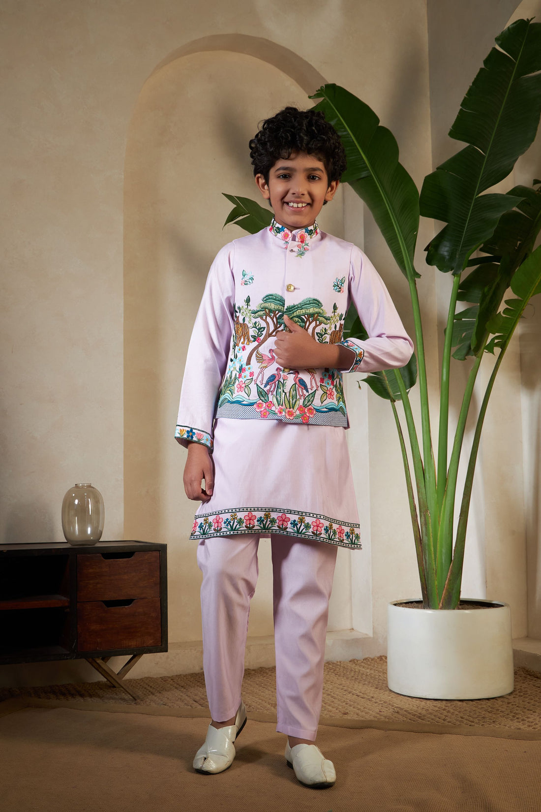 Lavender Pure Viscose Silk Silk Kids Boy Kurta Pajama With Koti Jacket 