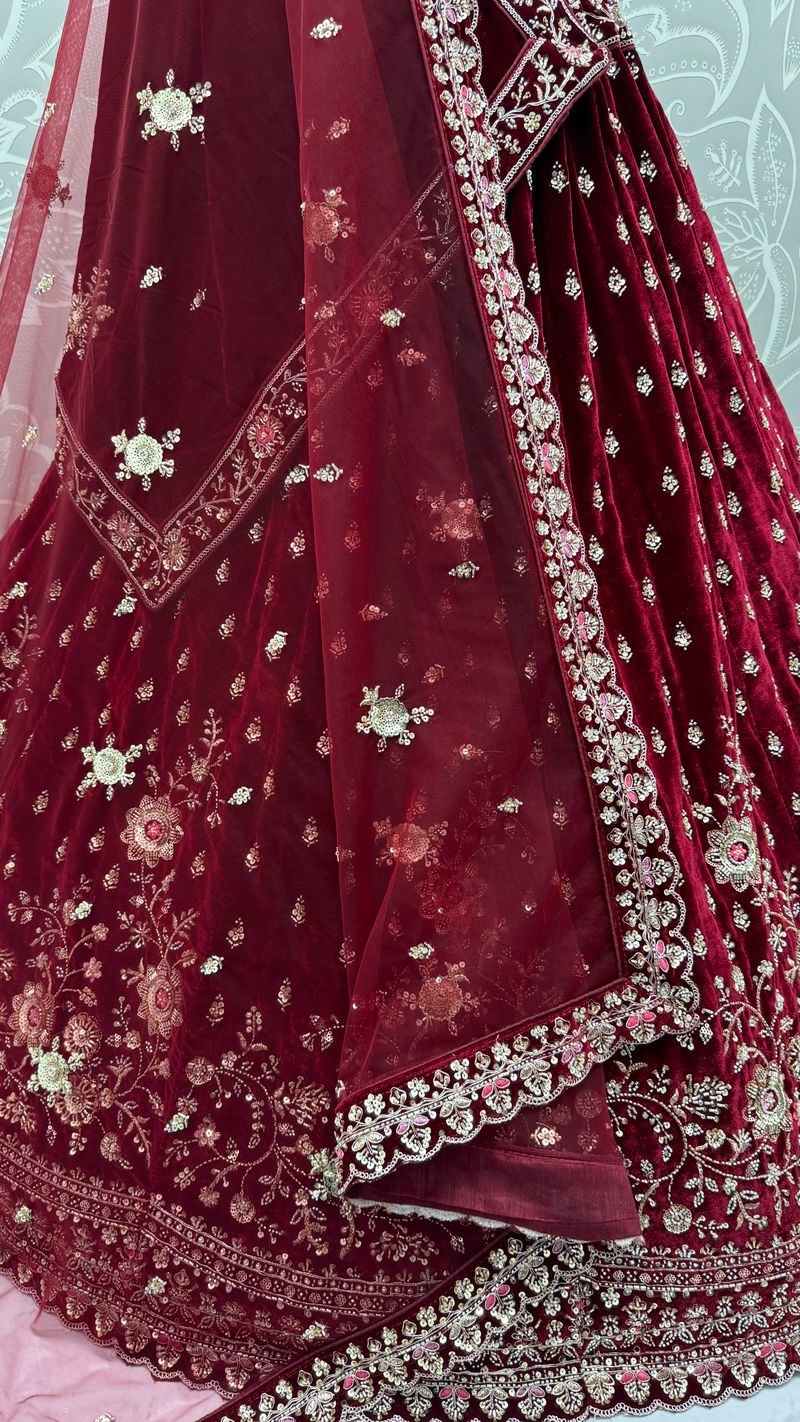 Red Pure Soft Velvet Heavy Embroidery Patch Work Bridal Lehenga