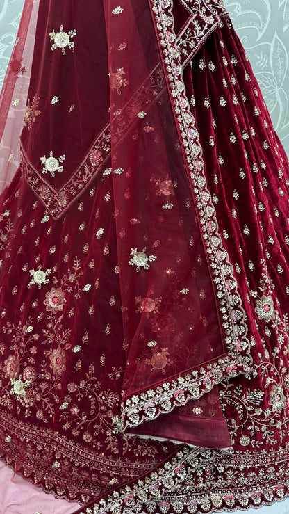 Red Pure Soft Velvet Heavy Embroidery Patch Work Bridal Lehenga