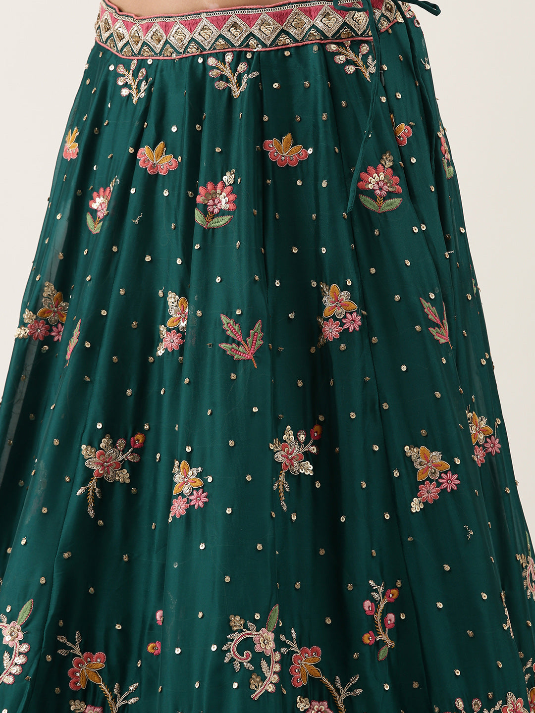 Teal Georgette Sequins Work Floral Lehenga &amp; Blouse with Pink Dupatta