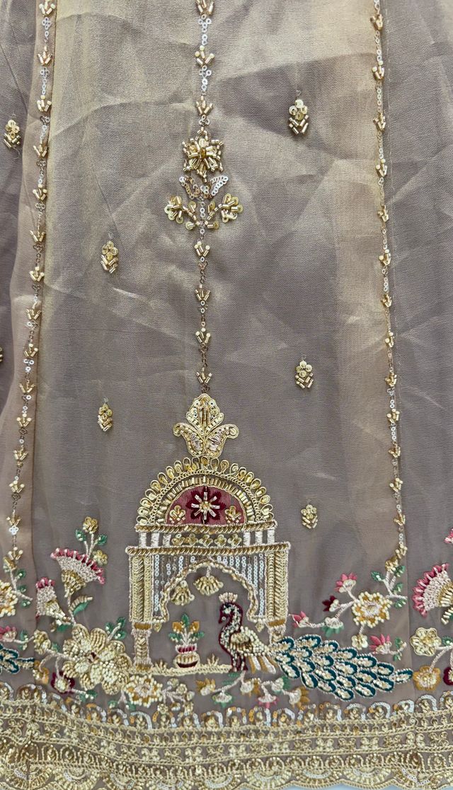 Light Brown Pure Chandnia Silk Handwork Motif Peacock Pattern Crystal Beads Multi Thread Dori &amp; Sequins Work Bridal Lehenga Choli