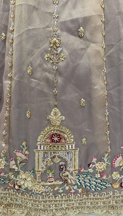 Light Brown Pure Chandnia Silk Handwork Motif Peacock Pattern Crystal Beads Multi Thread Dori &amp; Sequins Work Bridal Lehenga Choli