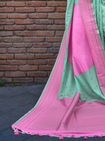 Mint Green and Pink Banarasi Handloom Banarasi Saree 