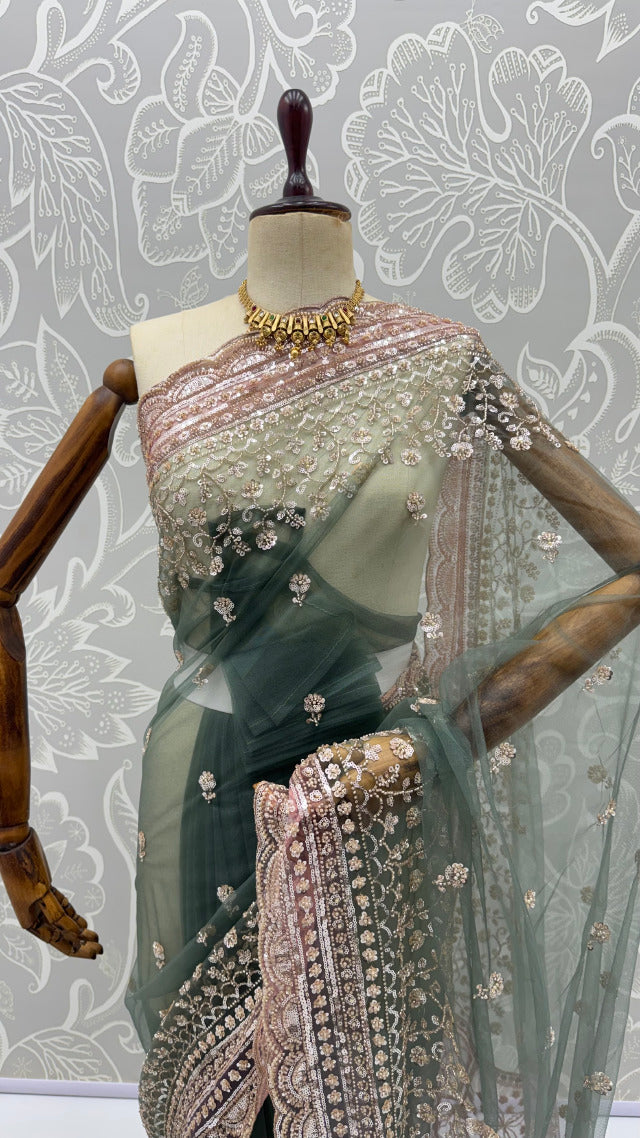 Green Pure Premium Net Handwork Kasti &amp; Motif Zari Metallic Sequins Work Wedding Saree