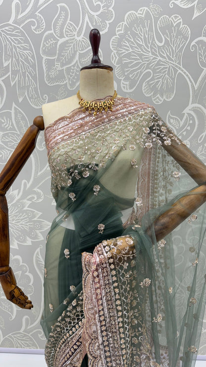 Green Pure Premium Net Handwork Kasti &amp; Motif Zari Metallic Sequins Work Wedding Saree