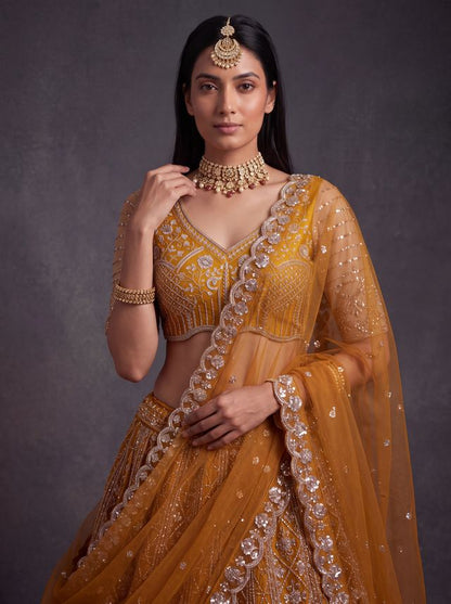 Rust Pure Heavy Net Motif Handwork Zari Sequins Work Bridal Lehenga Choli