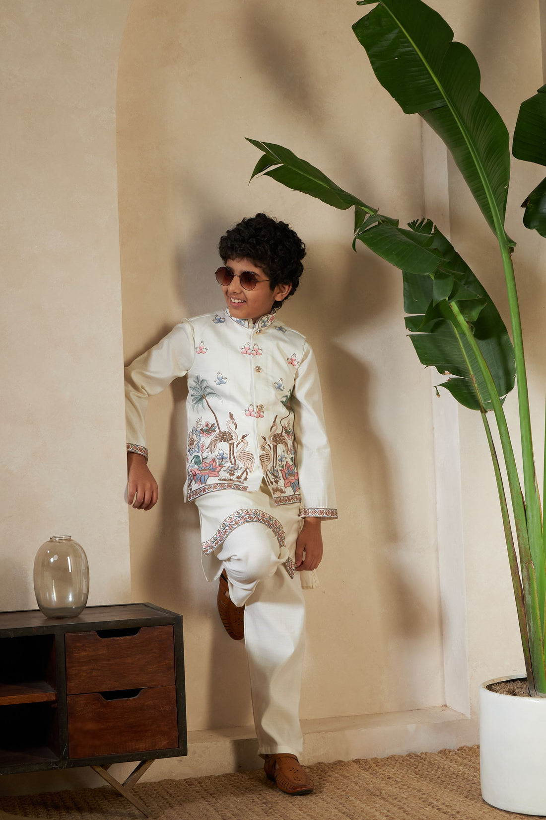 White Pure Viscose Silk Silk Kids Boy Kurta Pajama With Koti Jacket 