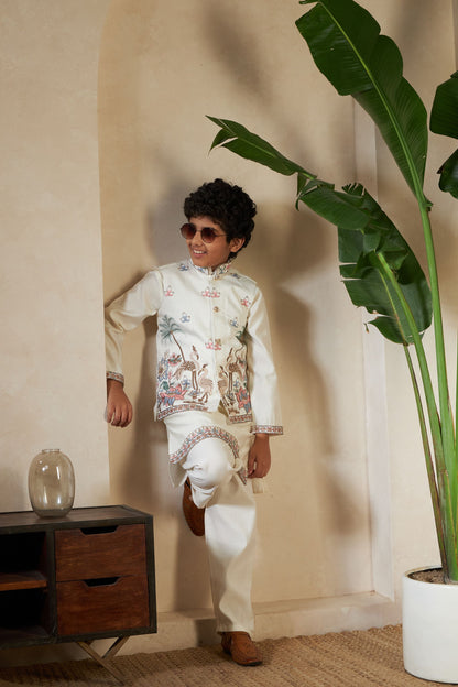White Pure Viscose Silk Silk Kids Boy Kurta Pajama With Koti Jacket 