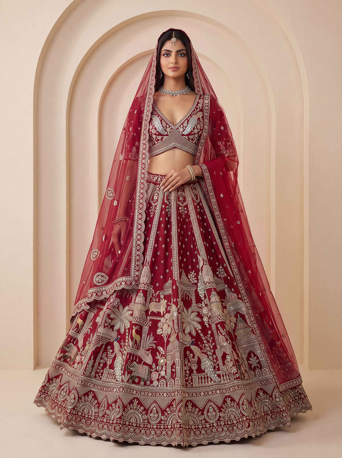 Red Pure Soft Multi Color Motif Multi thread Embroidery Sequins Work Bridal Lehenga Choli