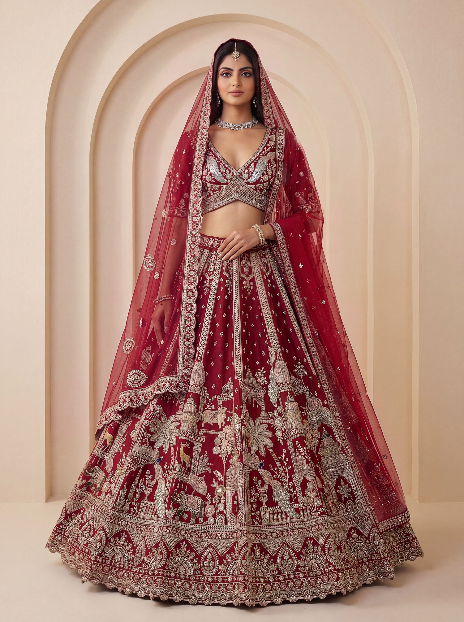 Red Pure Soft Multi Color Motif Multi thread Embroidery Sequins Work Bridal Lehenga Choli