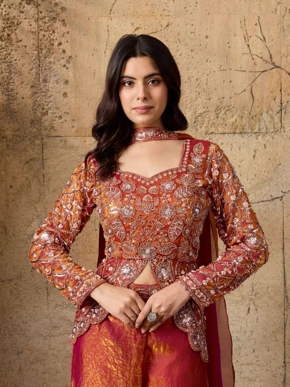 Rust Orange &amp; Magenta Indo-Western Set with Beaded Embroidered Blouse