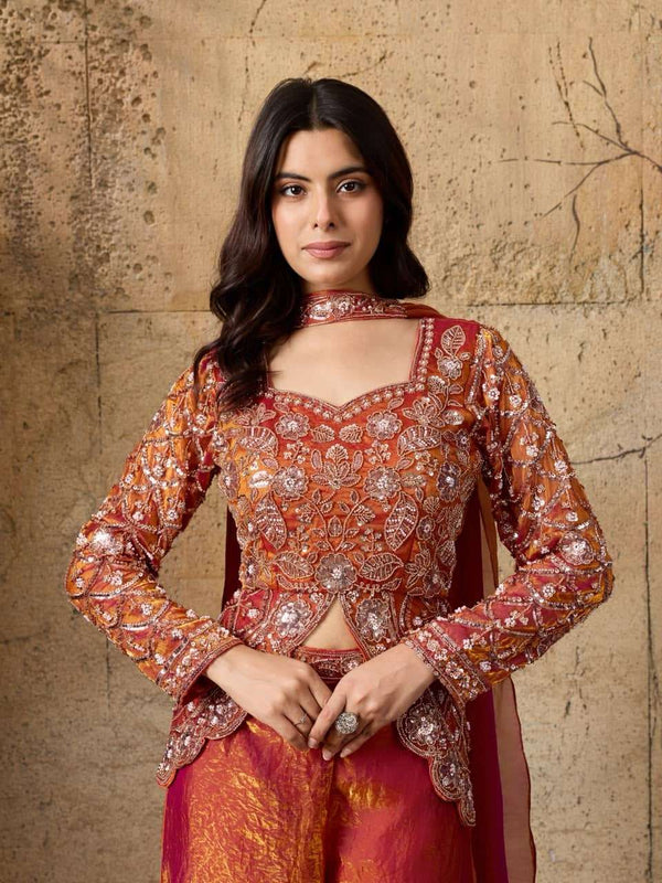 Rust Orange & Magenta Indo-Western Set with Beaded Embroidered Blouse