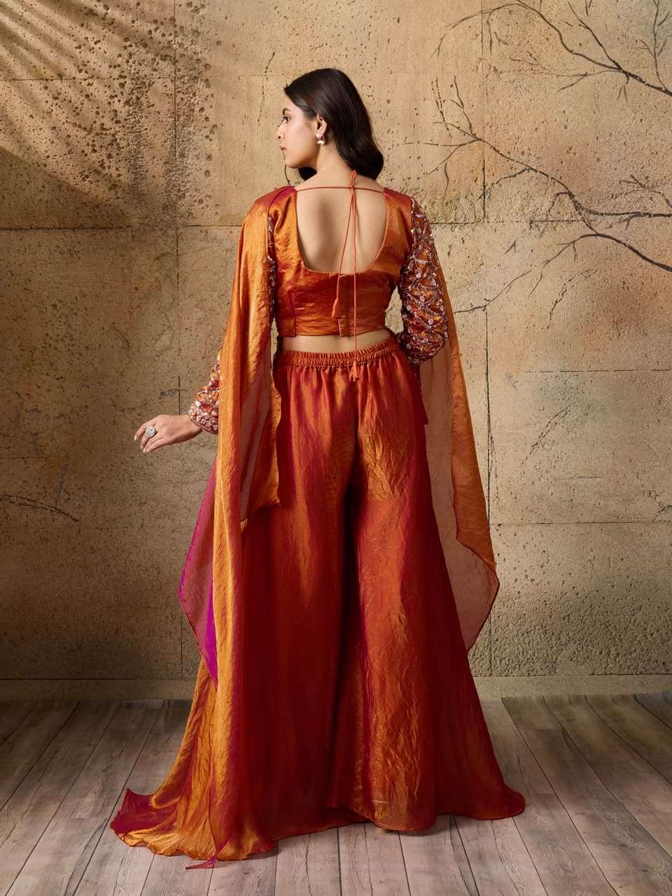 Rust Orange &amp; Magenta Indo-Western Set with Beaded Embroidered Blouse