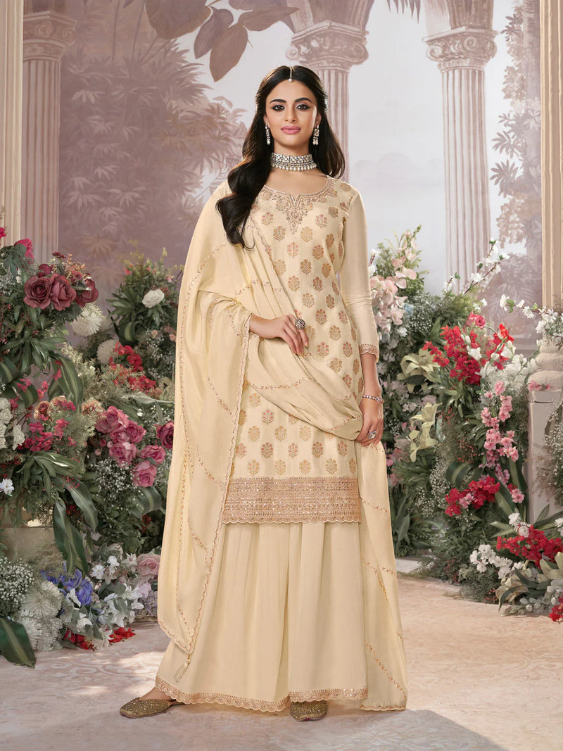 Beige dola silk sharara suit with sequins embroidery for weddings

