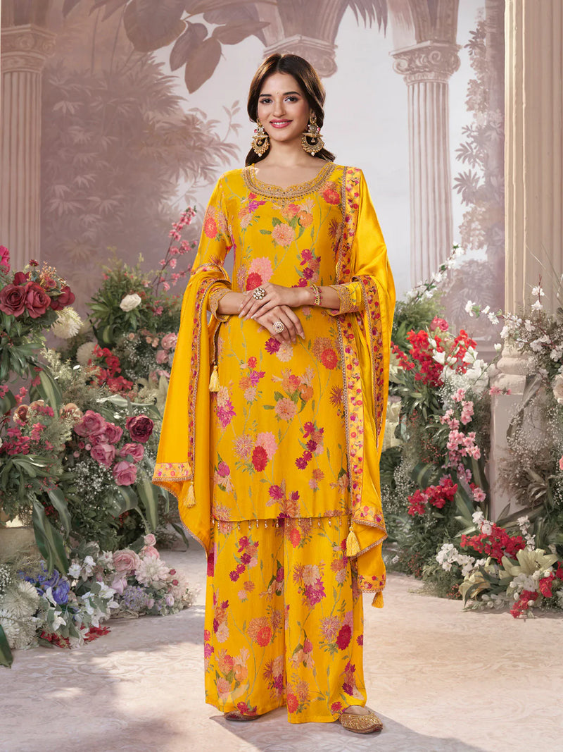 Mustard yellow floral printed chinon sharara suit with embroidered neckline

