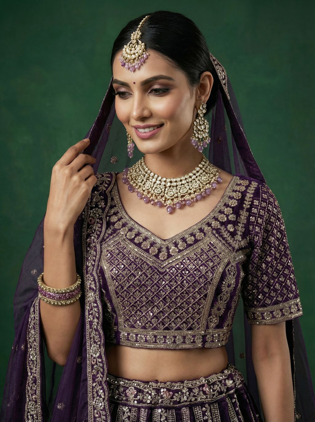 Purple Pure Soft Satin Silk Heavy Embroidery Work Bridal Lehenga