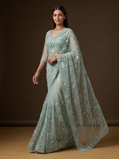 Sea Green Pure Premium Net Handwork Kasti &amp; Motif Zari Metallic Sequins Work Wedding Saree