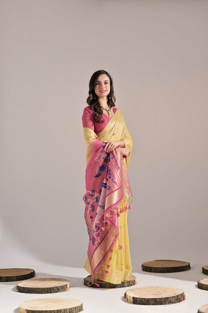 Sunshine Yellow Soft Muga Cotton Saree Munga Cotton Saree Anant Tex Exports Pvt.Ltd..
