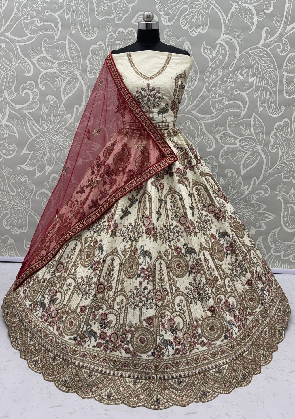 Off White Pure Soft Silk Heavy Embroidery Work Bridal Lehenga 