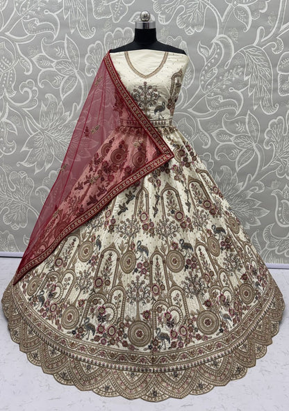 Off White Pure Soft Silk Heavy Embroidery Work Bridal Lehenga 