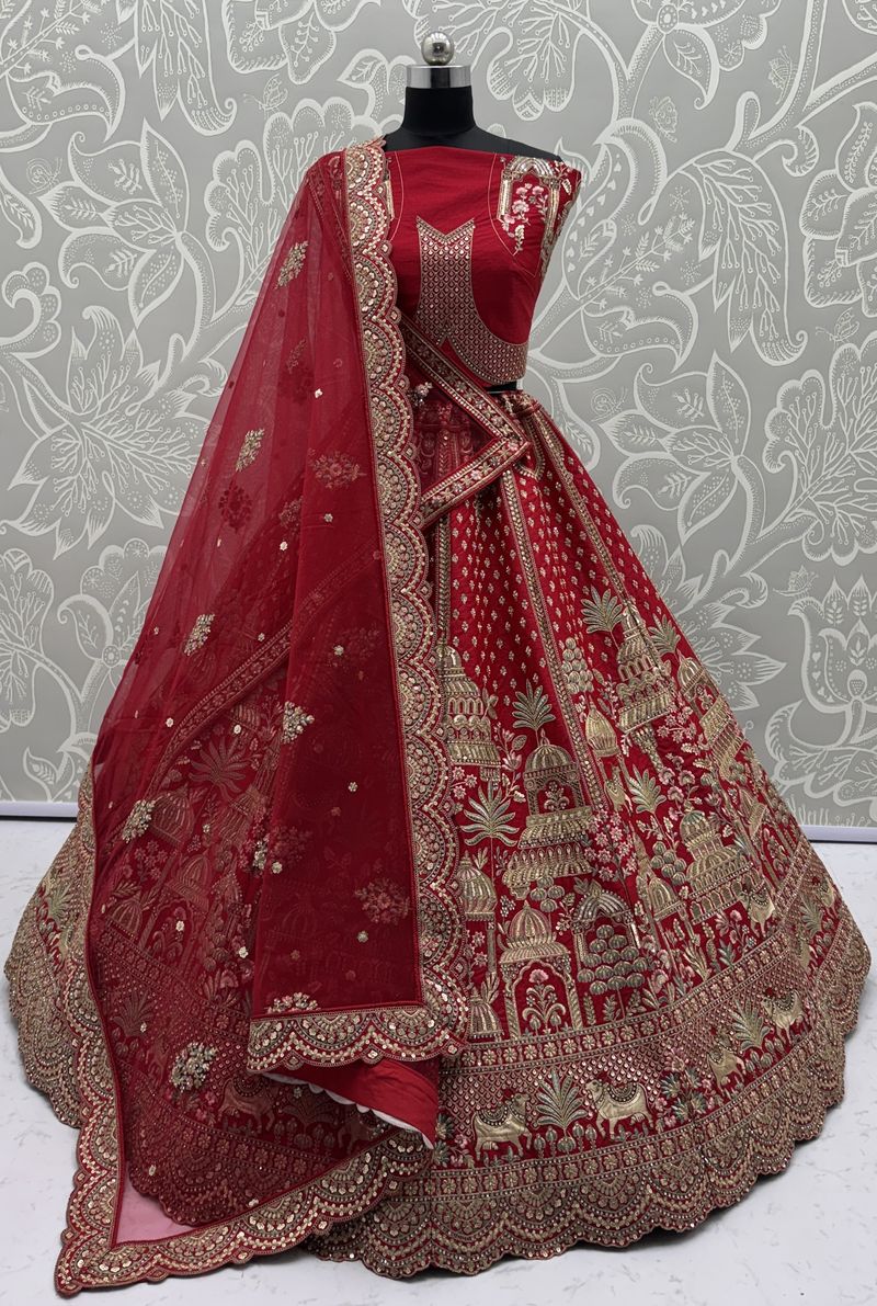 Red Pure Soft Net Heavy Embroidery Work Bridal Lehenga