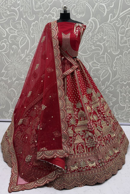 Red Pure Soft Net Heavy Embroidery Work Bridal Lehenga