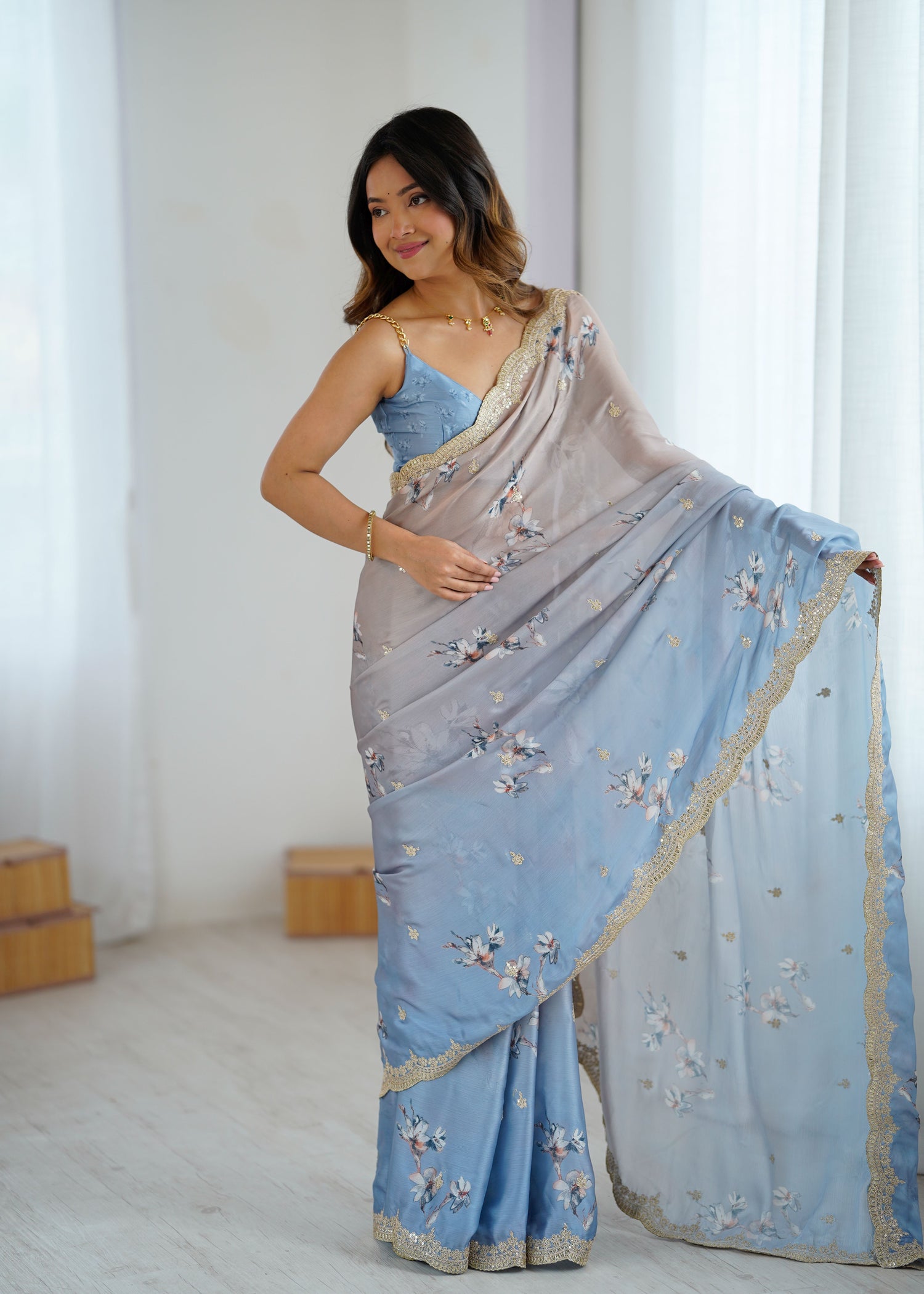 Aqua Grey Two Tone Satin Silk Sequins Embroidery Ready to Wear Saree 