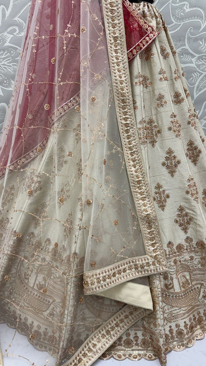 White Pure Soft Heavy Silk Sequins Embroidery Work Bridal Lehenga 