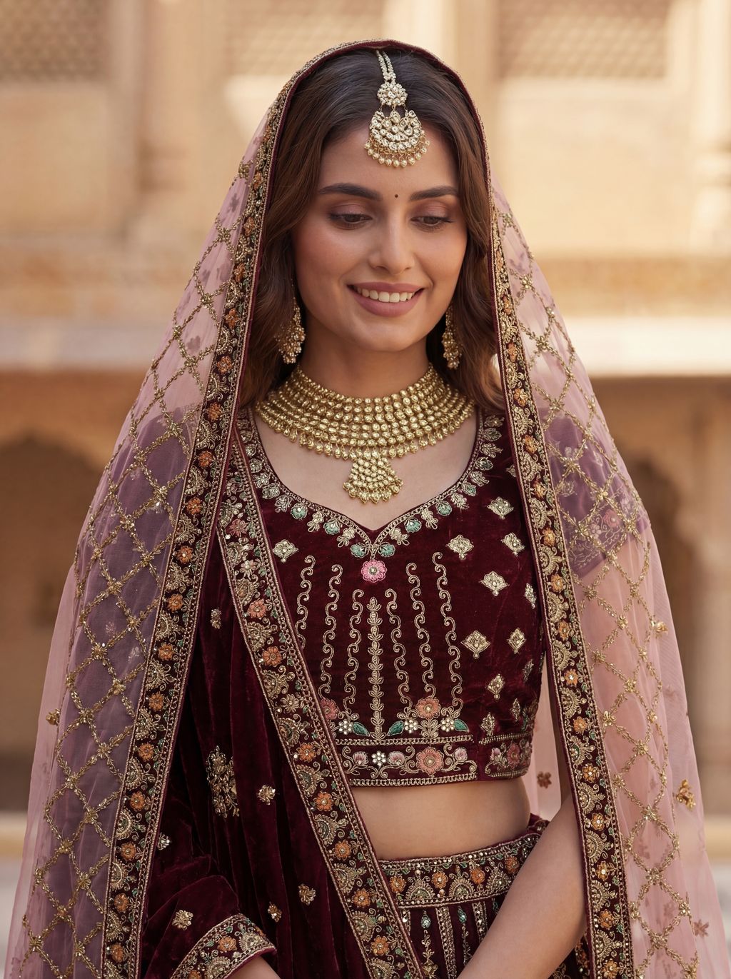 Wine Pure Soft Velvet Heavy Embroidery Patch Work Bridal Lehenga