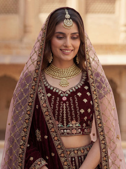Wine Pure Soft Velvet Heavy Embroidery Patch Work Bridal Lehenga