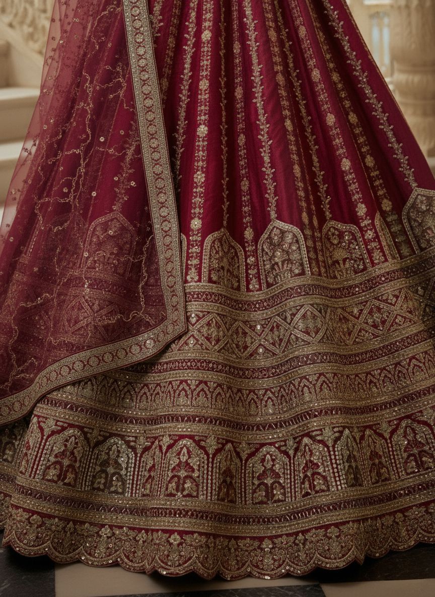Raspberry Pure Soft Gadhwal Silk Heavy Embroidery Work Bridal Lehenga