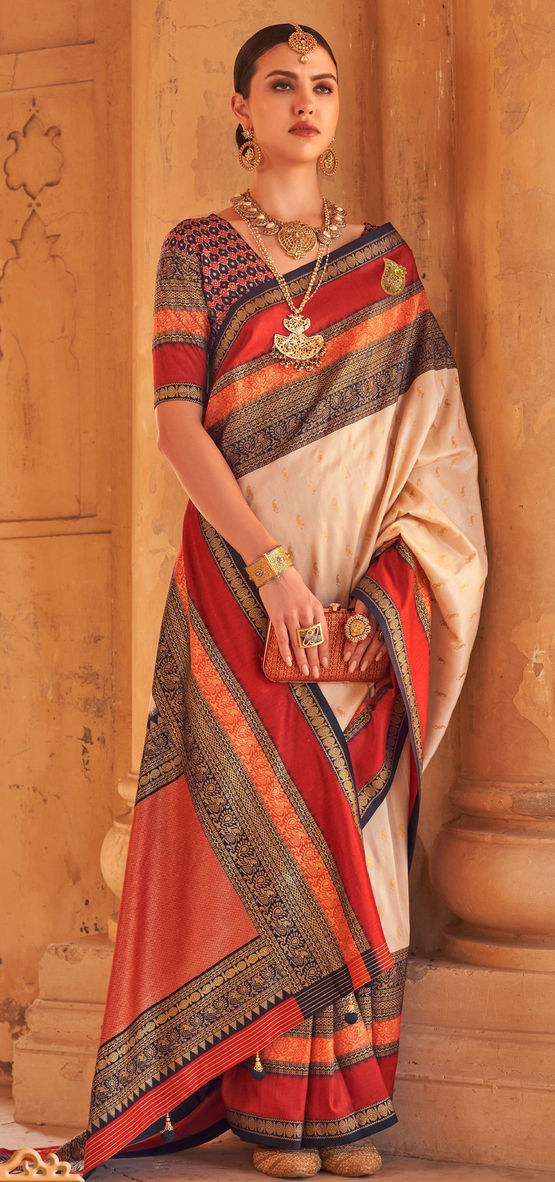 Cream Patola Silk Traditional Woven Saree 