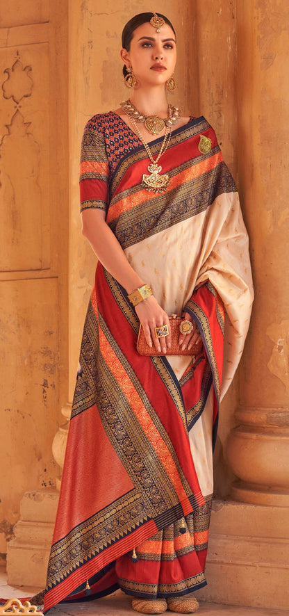 Cream Patola Silk Traditional Woven Saree 