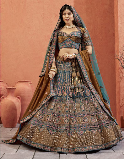 Beautiful Designer Bridal Rama Velvet Hand Work Lehenga Choli