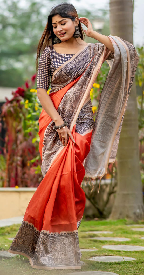 Orange Pure Soft Tussar Silk Madhubani Saree