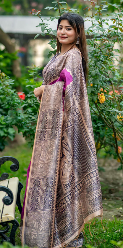 Purple Pure Soft Tussar Silk Madhubani Saree Tussar Saree Anant Tex Exports Pvt.Ltd..
