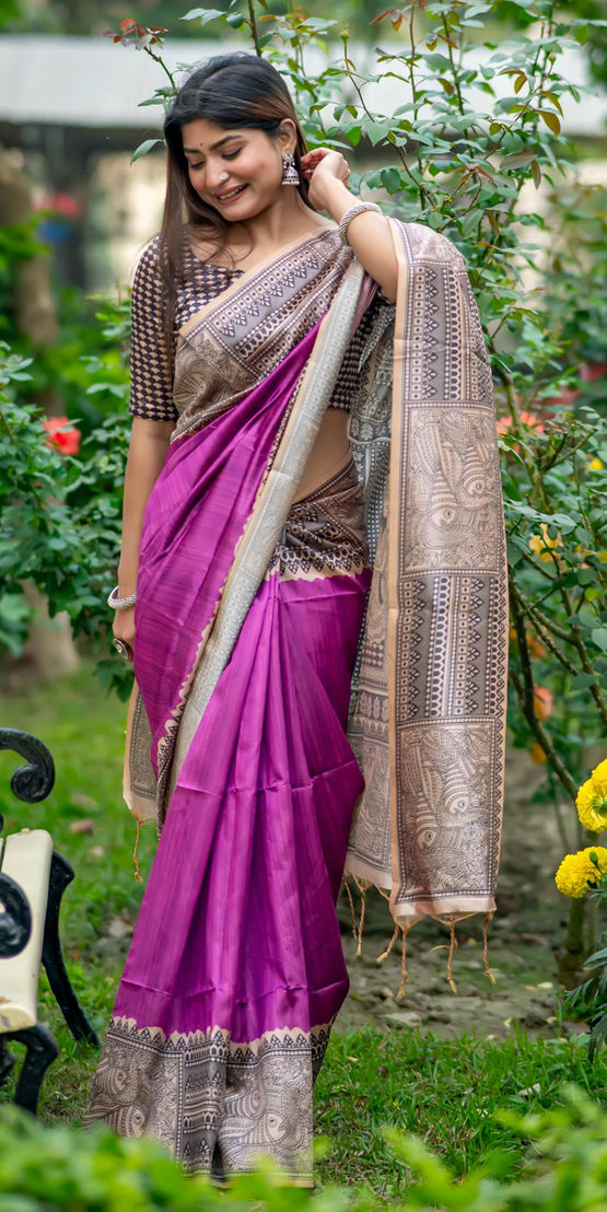 Purple Pure Soft Tussar Silk Madhubani Saree