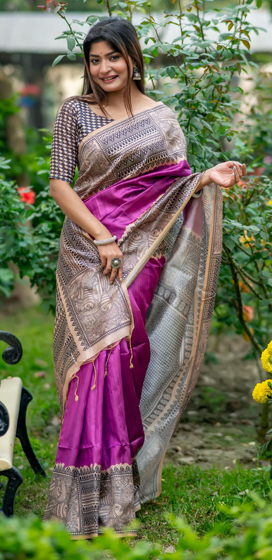 Purple Pure Soft Tussar Silk Madhubani Saree
