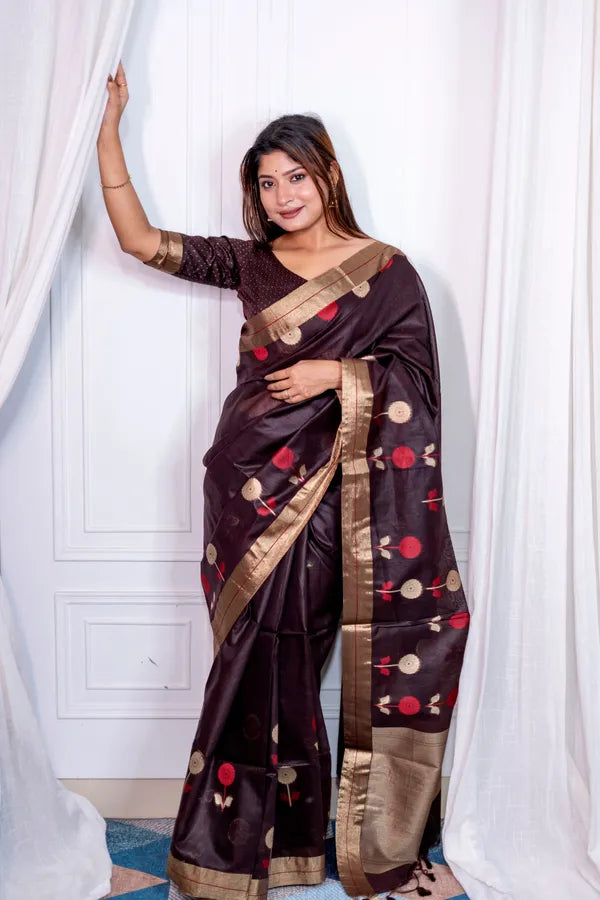 Coffee Pure Linen Silk Jamdani Saree