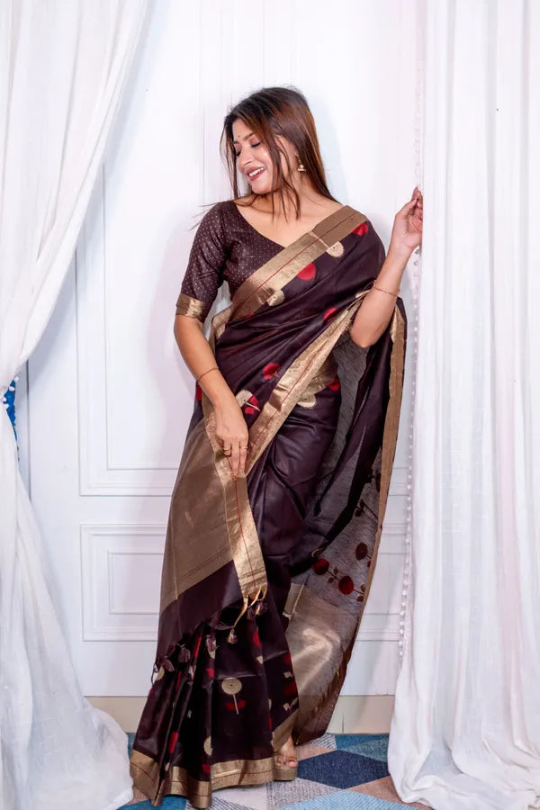 Coffee Pure Linen Silk Jamdani Saree Linen Saree Anant Tex Exports Pvt.Ltd..