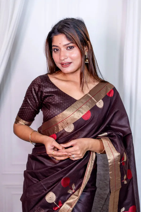 Coffee Pure Linen Silk Jamdani Saree