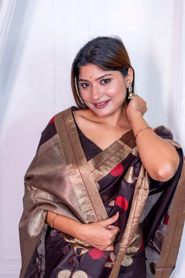 Coffee Pure Linen Silk Jamdani Saree