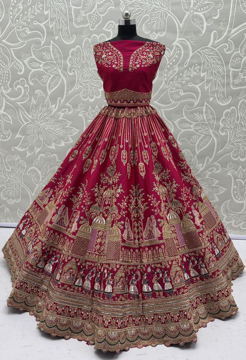 Pink Pure Soft Gadwal Silk Heavy Embroidery Work Bridal Lehenga 