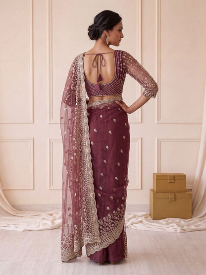 Wine Pure Premium Net Handwork Kasti &amp; Motif Zari Metallic Sequins Work Wedding Saree